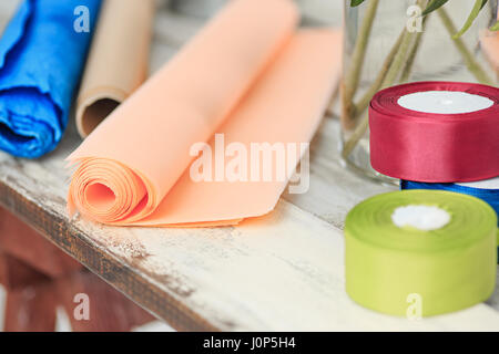 The florist desktop with working tools on white background Stock Photo
