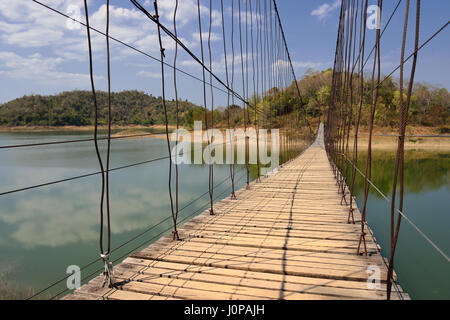 Famous rope wooden bridge in Kaeng Krachan National Park, Phetchaburi, Thailand Stock Photo