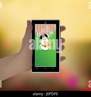 Easter. Hold in your hand a smart phone. Illustration for your design. Eared rabbit-egg with a big bun sausage and mustard in the hands Stock Vector
