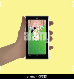 Easter. Hold in your hand a smart phone. Illustration for your design. Eared rabbit-egg hold caramel-shaped stick striped Stock Vector