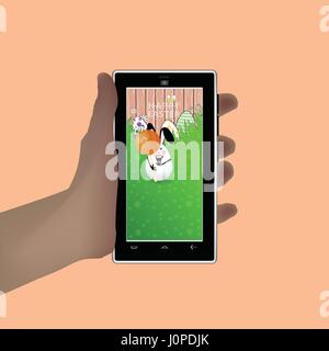 Easter. Hold in your hand a smart phone. Illustration for your design. Eared rabbit-egg white hold big candy round lollipop in the shape of a circle Stock Vector