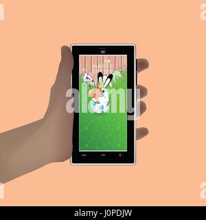 Easter. Hold in your hand a smart phone. Illustration for your design. Eared rabbit-egg coloring in peas to keep a large candy-shaped candy in the sha Stock Vector