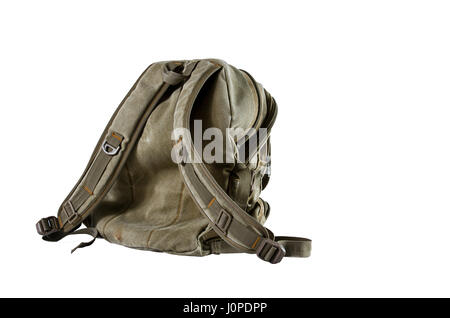 Old backpack isolated on white background. Stock Photo