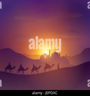 Desert arabic landscape illustration with mosque arabian and camel for islamic banner background Stock Vector