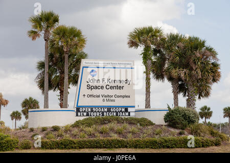 Cape Canaveral, USA - June, 8th 2012: Sign indicating the way to the Kennedy Space Center, Cape Canaveral in Florida Stock Photo