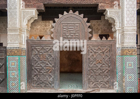 Madrasa Bou Inania interior in Meknes, Morocco. Madrasa Bou Inania is acknowledged as an excellent example of Marinid architecture in Meknes - Morocco Stock Photo