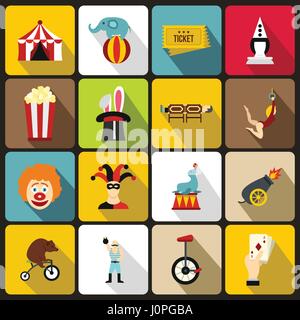 Circus entertainment icons set, flat style Stock Vector