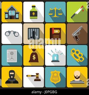 Crime and punishment icons set, flat style Stock Vector