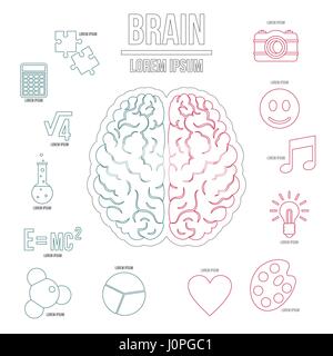 Human brain infographics set, outline style Stock Vector
