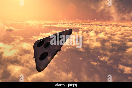 A Mysterious Black Triangular UFO , Flying At High Altitude. Stock Photo