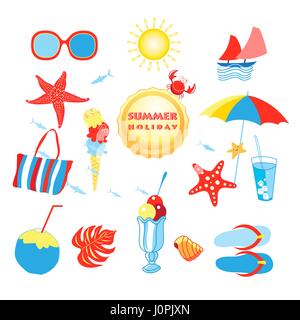 Summer set with different isolated objects on a white background Stock Vector