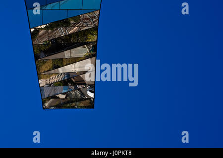 The abstract fragmented windows reflect the street below, Gas Natural building, Barcelona Stock Photo