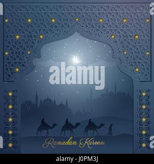 Islamic background for greeting mosque door with arabic pattern and arabian landscape Ramadan Kareem Stock Vector