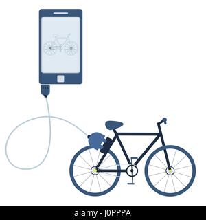Bike connected to a cell phone through a usb cable. Outline of the car being shown on the mobile monitor. Flat design. Isolated. Stock Vector