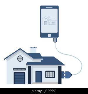 Home connected to a cell phone through a usb cable. Outline of the house being shown on the mobile monitor. Flat design. Isolated. Stock Vector