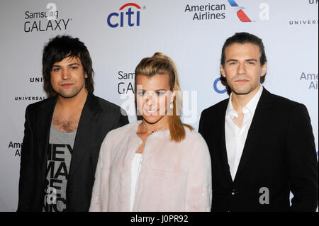 Recording artists Neil Perry, Kimberly Perry, and Reid Perry of music group The Band Perry attend the Universal Music Group 2015 Post GRAMMY Party at The Ace Hotel Downtown LA on February 8, 2015 in Los Angeles, California. Stock Photo
