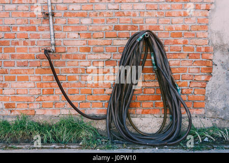 Reel of black hose pipe and spraying head on the red texture Brick wall Stock Photo