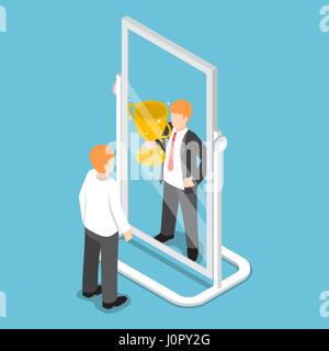 Flat 3d isometric businessman see himself being successful in the mirror, successful career concept Stock Vector