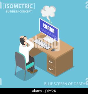 Flat 3d isometric businessman having problems when his computer show blue screen error, computer and operating system failure error concept Stock Vector