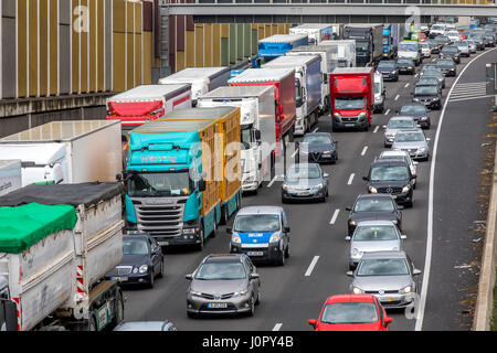 Autobahn A3 highway, near Cologne, Germany, traffic jam, Stock Photo