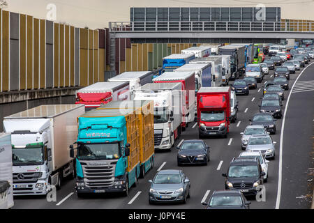 Autobahn A3 highway, near Cologne, Germany, traffic jam, Stock Photo