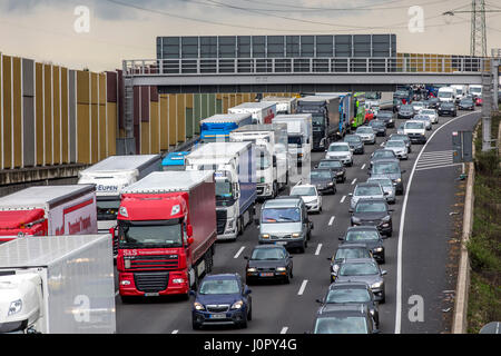 Autobahn A3 highway, near Cologne, Germany, traffic jam, Stock Photo