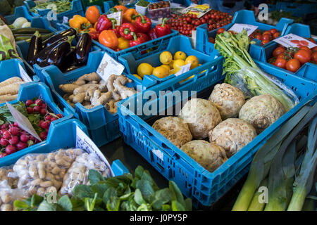 Weekly market, market stand, fresh vegetables, Stock Photo