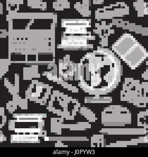 Vector illustration Back to school seamless pattern of kids doodles with stationery, books, computer and globe on blackboard. White chalk on black Stock Vector