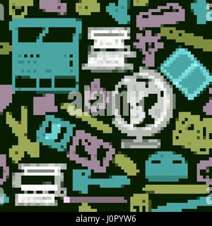 Vector illustration Back to school seamless pattern of kids doodles with stationery, books, computer and globe on blackboard. Colored chalk on green Stock Vector