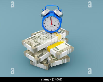 Alarm clock with Indian Rupee - 3D Rendering Image Stock Photo