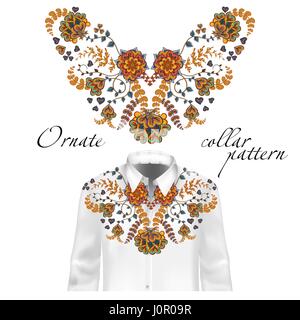 Floral pattern on collar, neck print. Abstract hand drawing flowers ornament. Collar pattern on shirt mockup Vector illustration. Brown orange Stock Vector