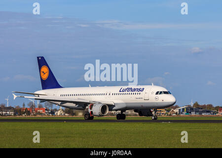 Amsterdam Schiphol Airport, the Netherlands - April 14, 2017: Lufthansa airbus a320 200, aircraft landing Stock Photo