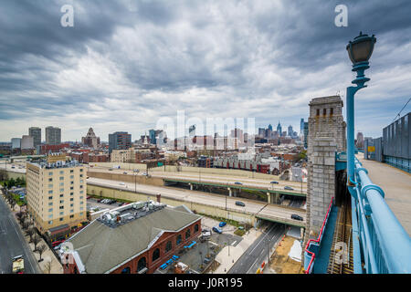 View from the Benjamin Franklin Bridge Walkway in Philadelphia, Pennsylvania. Stock Photo