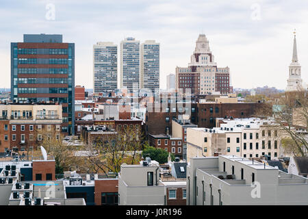 View of Old City from the Benjamin Franklin Bridge Walkway in Philadelphia, Pennsylvania. Stock Photo