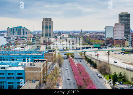 View of Old City from the Benjamin Franklin Bridge Walkway in Philadelphia, Pennsylvania. Stock Photo