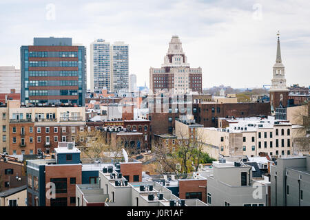 View of Old City from the Benjamin Franklin Bridge Walkway in Philadelphia, Pennsylvania. Stock Photo