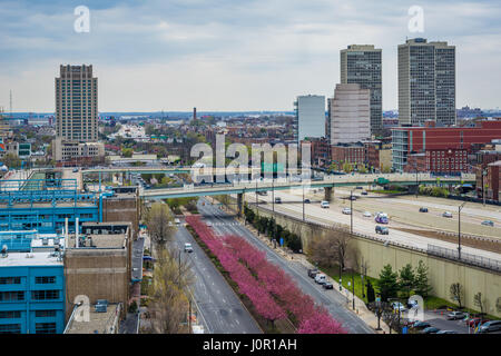 View of Old City from the Benjamin Franklin Bridge Walkway in Philadelphia, Pennsylvania. Stock Photo