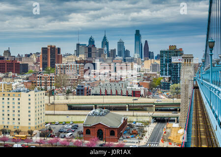 View of the Philadelphia skyline from the Benjamin Franklin Bridge Walkway in Philadelphia, Pennsylvania. Stock Photo