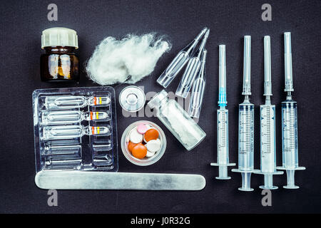 Medical objects still life seen from above. Stock Photo