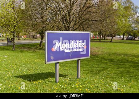 Mondelez International sign outside the cocoa bean processing factory in Chirk North Wales Stock Photo