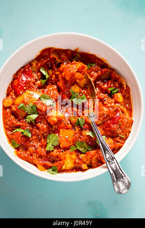 Mixed vegetable masala with chickpeas, onions, red peppers, green beans, cauliflower and butternut squash Stock Photo