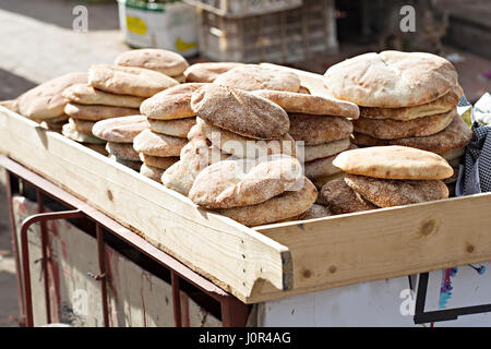 Typical traditional Moroccan flatbread on street food stall, Marrakech, Morocco Stock Photo