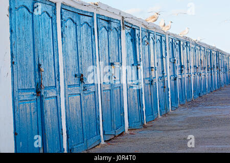 Row of blue door in fishing village, Essouira, Morocco Stock Photo
