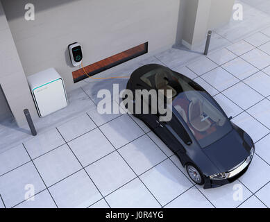 Black electric car charging at home charging station. 3D rendering image. Stock Photo