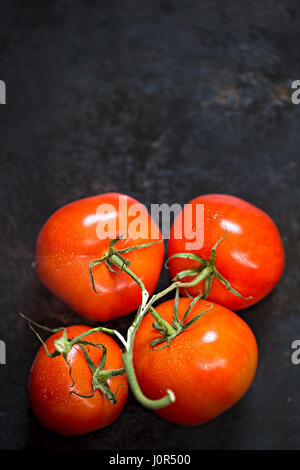 Tomatoes on the vine on black background with space text Stock Photo