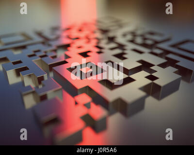 Quick response code (QR Code) in 3D dimension that reflects the red light reader. Stock Photo