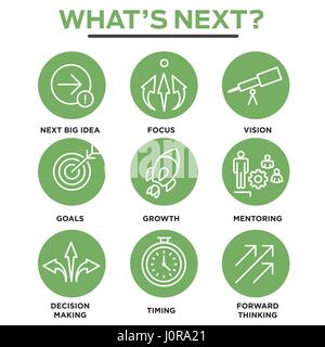 What's Next Icon Set with Big Idea, Mentoring, Decision Making, and Forward Thinking etc Icons Stock Vector