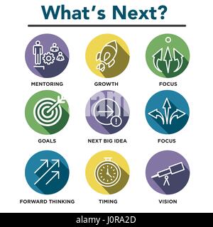 What's Next Icon Set with Big Idea, Mentoring, Decision Making, and Forward Thinking etc Icons Stock Vector