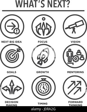 What's Next Icon Set with Big Idea, Mentoring, Decision Making, and Forward Thinking etc Icons Stock Vector