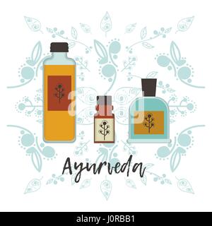 Ayurveda Vector illustration Three bottles with different Ayurvedic oils on white background with floral pattern Stock Vector